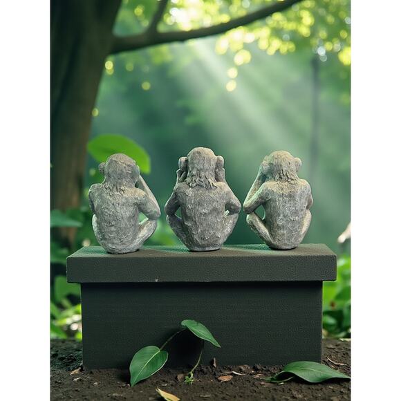 See No Evil Monkey Trio-Hand Carved Wood Figurines-Silver Painted Set-Hear-Speak - Picture 7 of 8